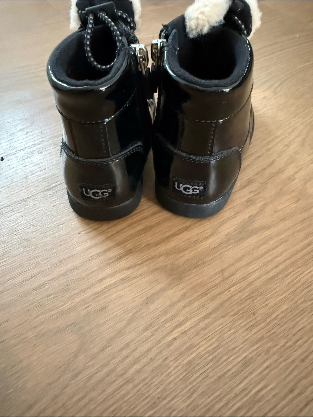 UGG Kids Black Patent Ankle Boots with Shearling Trim